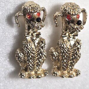 Vintage (MCM) Gold Tone Poodle Scatter Pins Pair Red Rhinestone Eyes